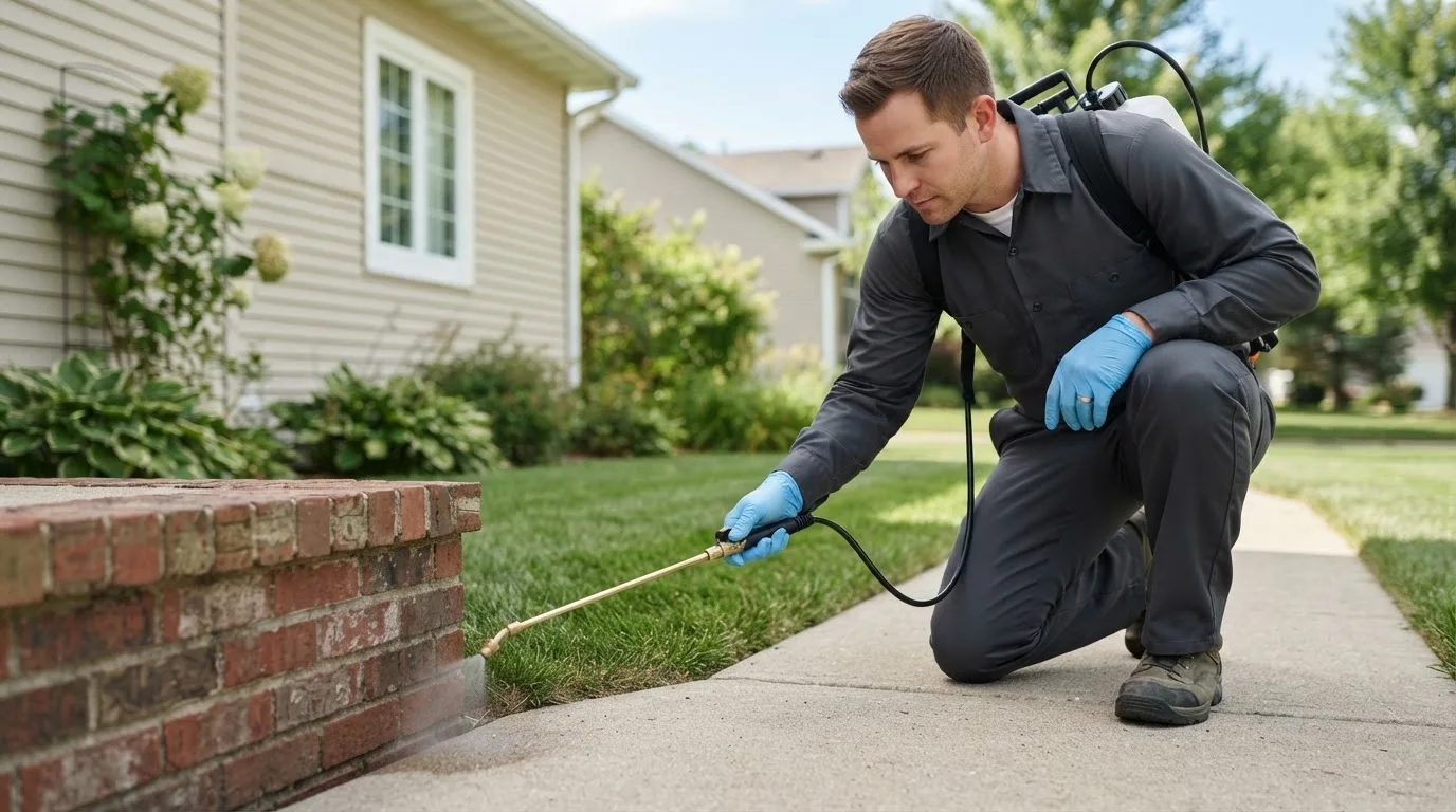 Pest control technician treating a home near Moscow, TX
